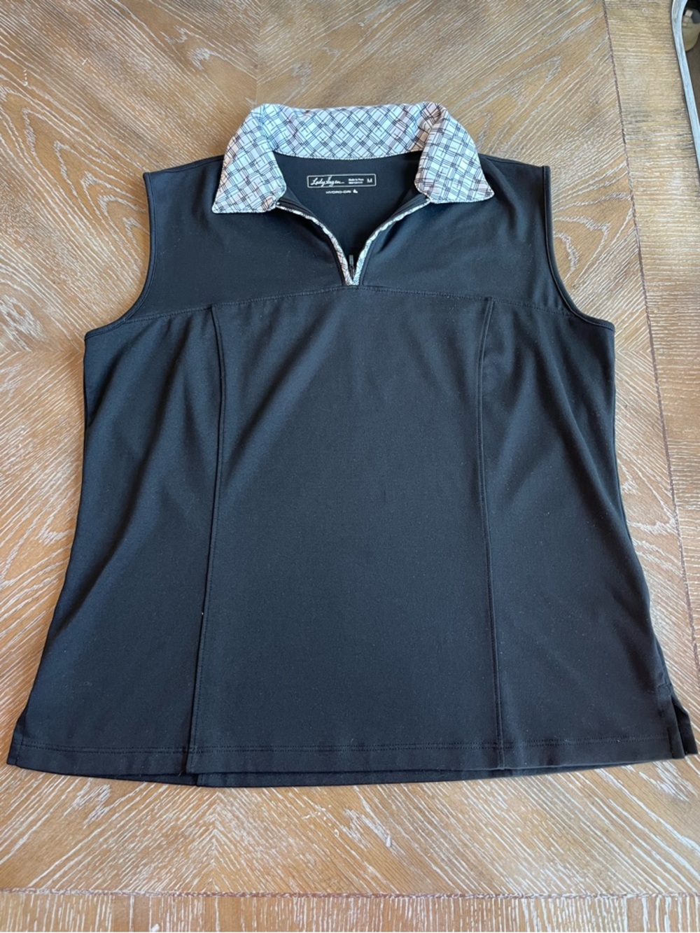 Lady Hagen Black Sleeveless Polo with White and Black Grid Pattern Collar Medium